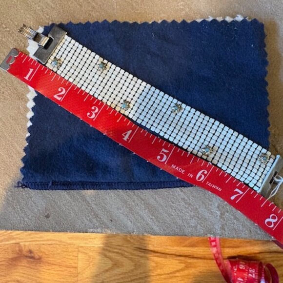 Vintage Rare Signed White Enamel Silvertone Mesh Bracelet Turquoise Star Accents - Picture 4 of 9